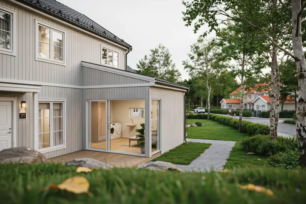 tillbyggnad av villa med nytt allrum och tv ttstuga i vega haninge